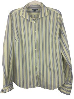 Lands' End Cotton Blend Striped Button Down Shirt - Blue, White & Tan - Size 14